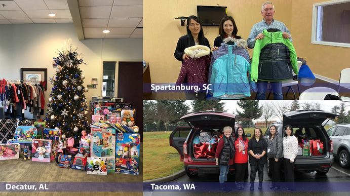 A group of people in front of presents