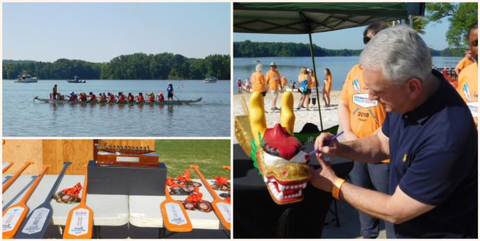 Dragon boats being painted and rowed