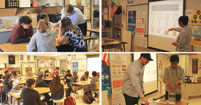 4 photos of kids in science class